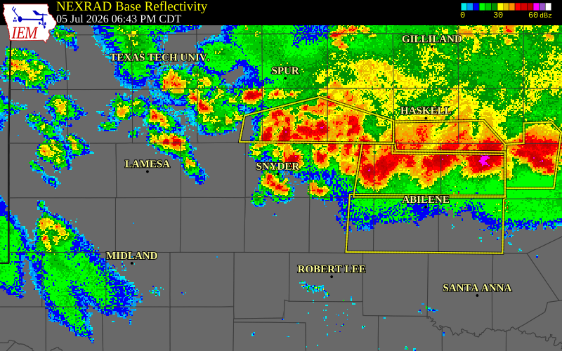 NEXRAD radar during the Sunday, July 5, 2026 storm activity in Scurry County, Texas