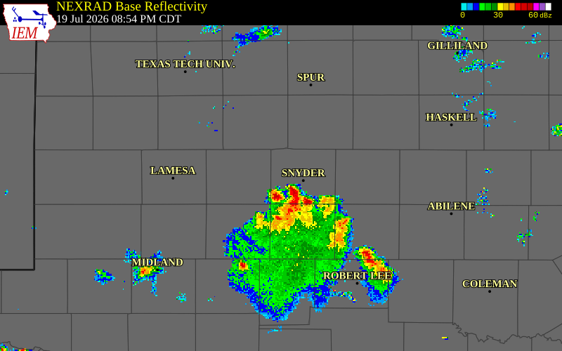 NEXRAD radar during the Sunday, July 19, 2026 storm activity in Scurry County, Texas