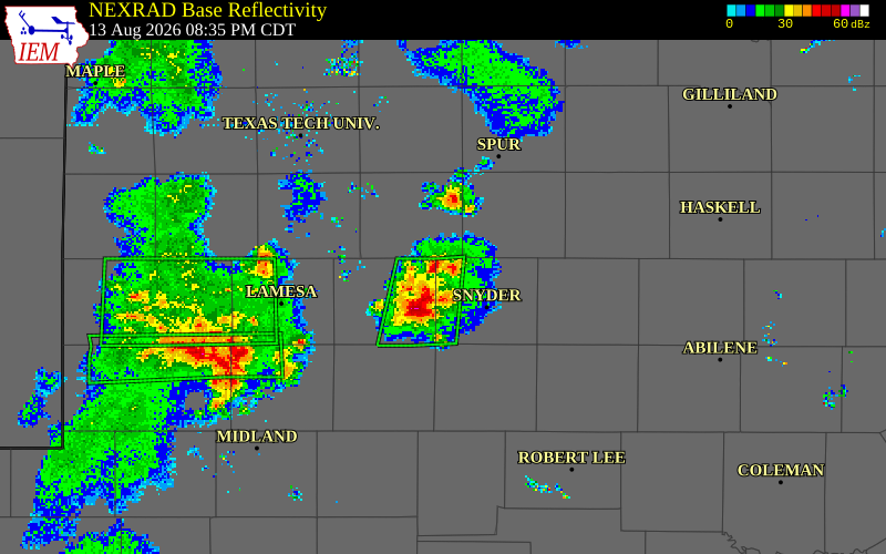 NEXRAD radar during the Thursday, August 13, 2026 storm activity in Scurry County, Texas