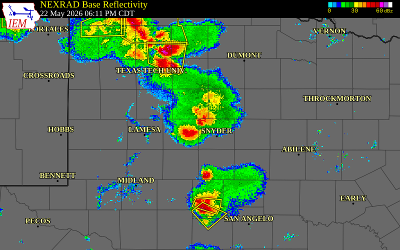 Radar snapshot during the May 22, 2026 tornado event near 1 SW Fluvanna, Scurry County, Texas, with NWS warning polygons