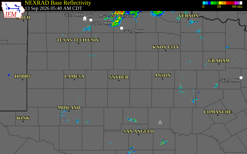 Current NEXRAD radar over Scurry County, Texas with recent storm report locations