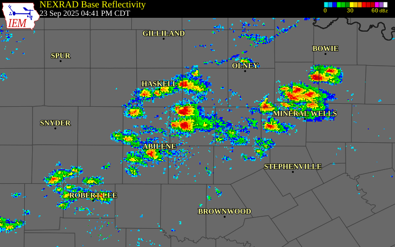 NEXRAD radar during the Tuesday, September 23, 2025 storm activity in Shackelford County, Texas