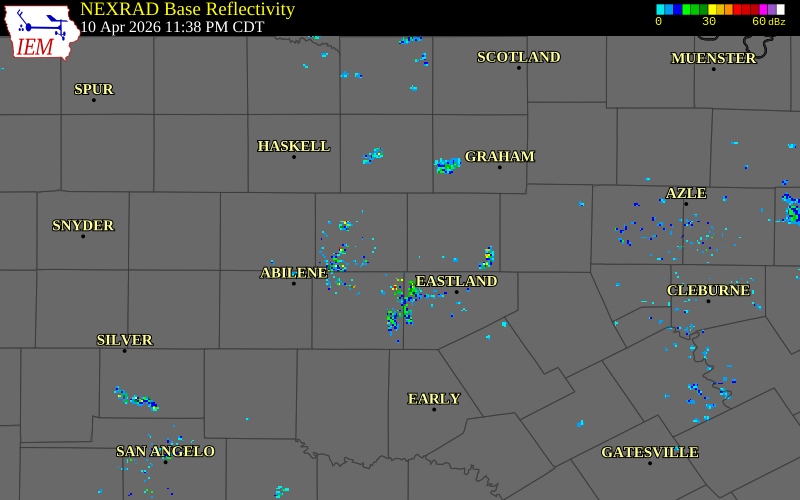 NEXRAD radar during the Friday, April 10, 2026 storm activity in Shackelford County, Texas