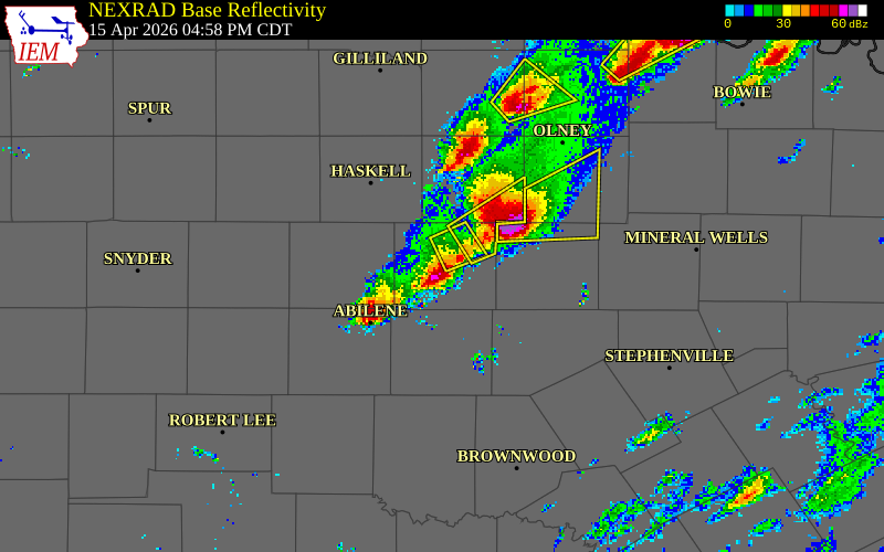 NEXRAD radar during the Wednesday, April 15, 2026 storm activity in Shackelford County, Texas