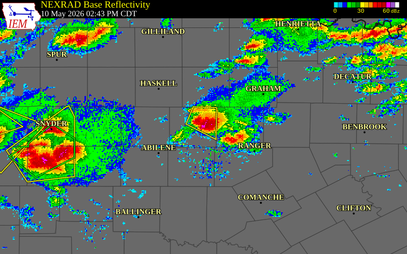 NEXRAD radar during the Sunday, May 10, 2026 storm activity in Shackelford County, Texas