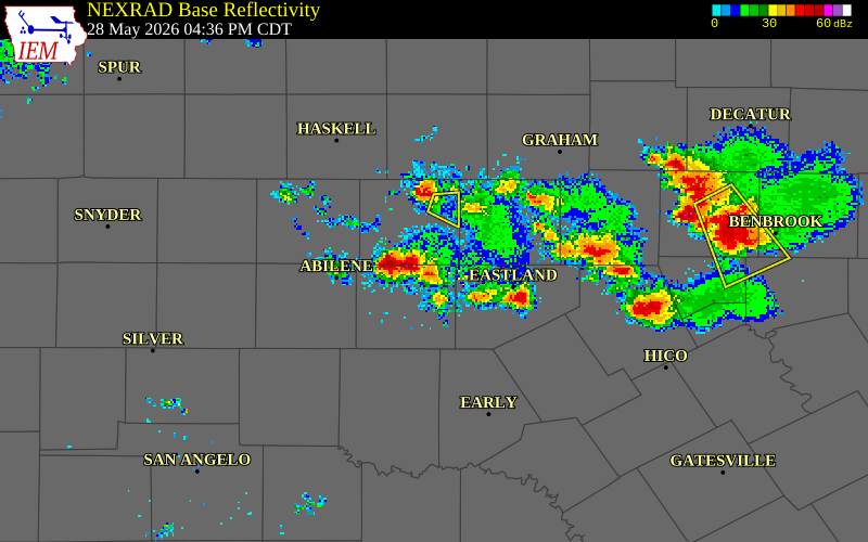 NEXRAD radar during the Thursday, May 28, 2026 storm activity in Shackelford County, Texas