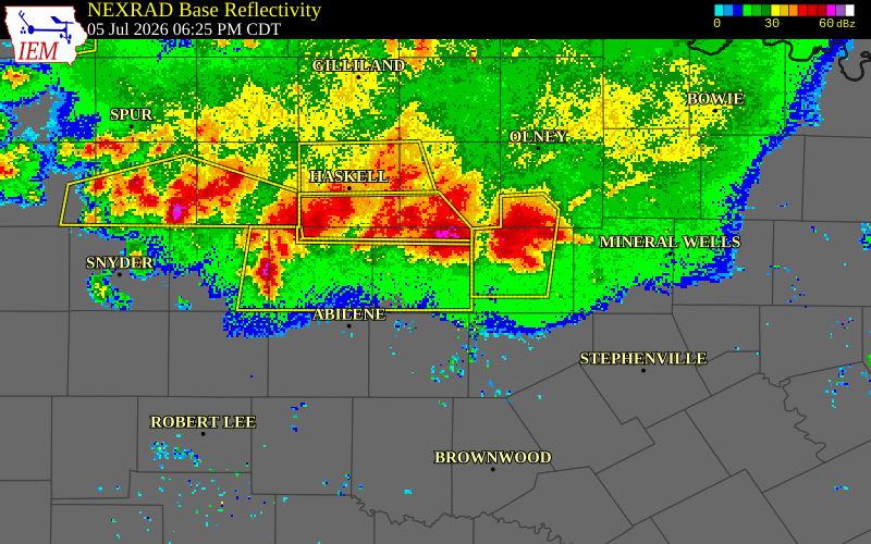 NEXRAD radar during the Sunday, July 5, 2026 storm activity in Shackelford County, Texas