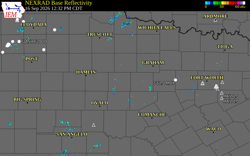 Current NEXRAD radar over Shackelford County, Texas with recent storm report locations