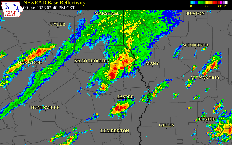 NEXRAD radar during the Friday, January 9, 2026 storm activity in Shelby County, Texas