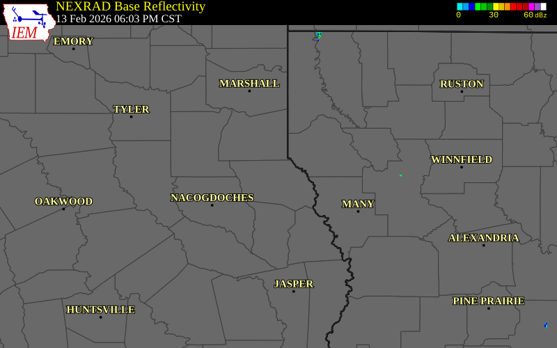 NEXRAD radar during the Friday, February 13, 2026 storm activity in Shelby County, Texas