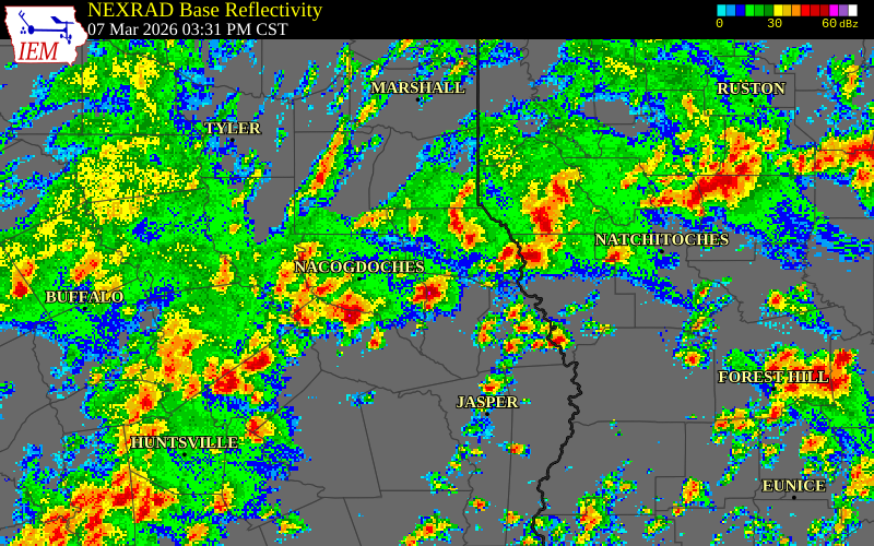 NEXRAD radar during the Saturday, March 7, 2026 storm activity in Shelby County, Texas