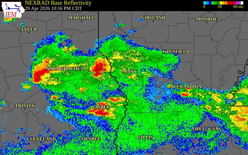 NEXRAD radar during the Wednesday, April 29, 2026 storm activity in Shelby County, Texas
