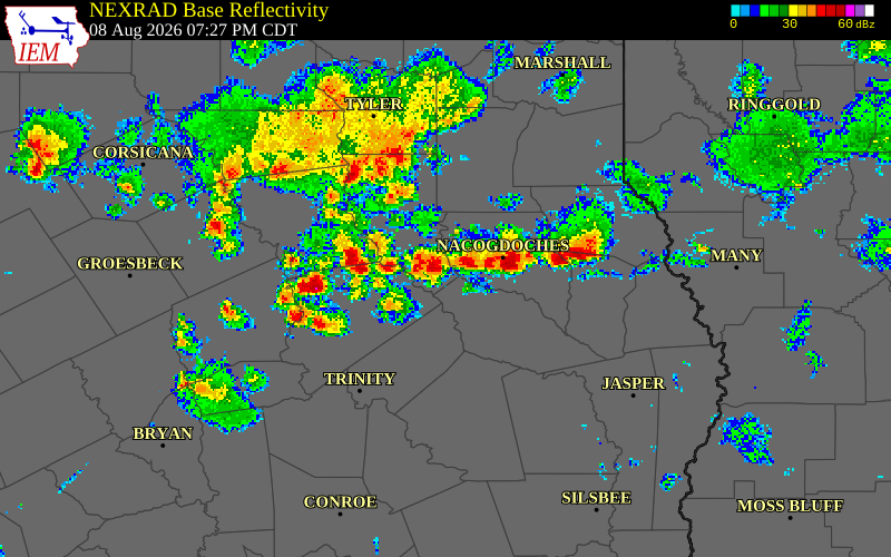 NEXRAD radar during the Saturday, August 8, 2026 storm activity in Shelby County, Texas