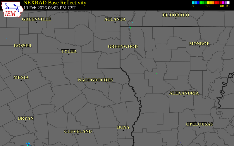 Radar snapshot during the Feb 13, 2026 tornado event near 6 NE Center, Shelby County, Texas, with NWS warning polygons