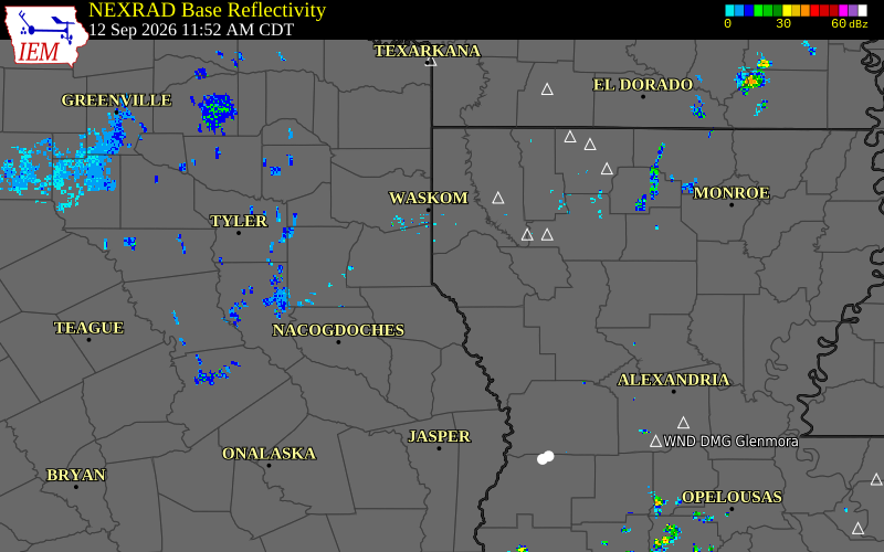 Current NEXRAD radar over Shelby County, Texas with recent storm report locations