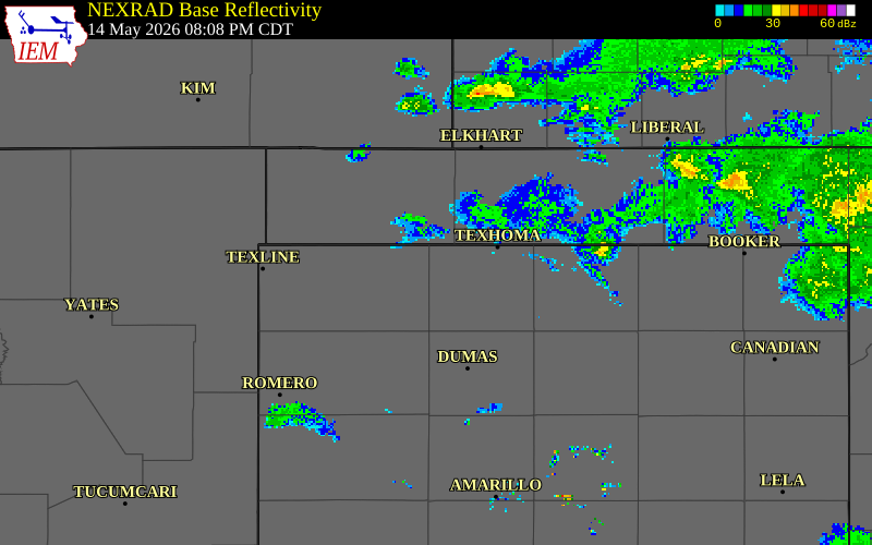 NEXRAD radar during the Thursday, May 14, 2026 storm activity in Sherman County, Texas