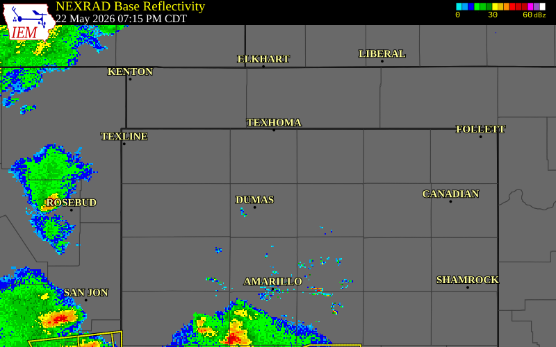 NEXRAD radar during the Friday, May 22, 2026 storm activity in Sherman County, Texas