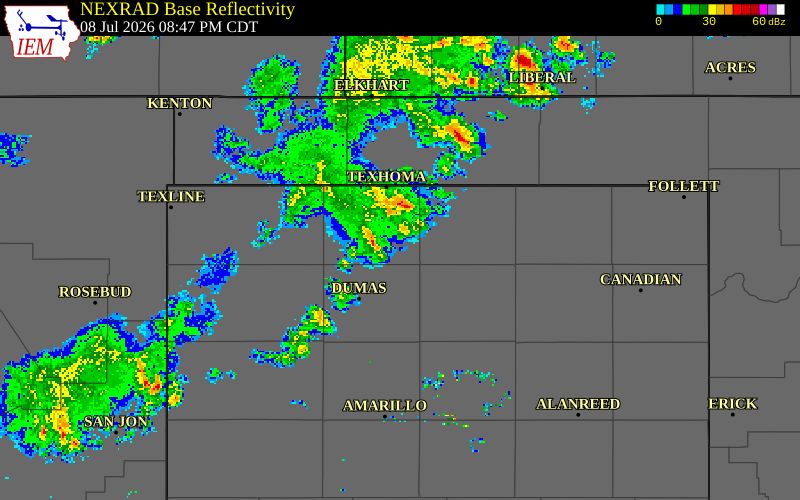 NEXRAD radar during the Wednesday, July 8, 2026 storm activity in Sherman County, Texas