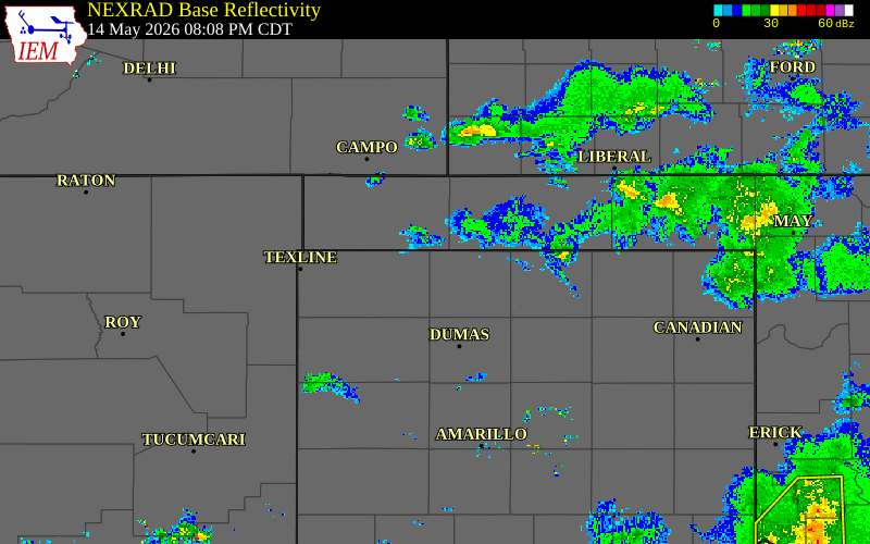 Radar snapshot during the May 14, 2026 wind event near 4 WNW Stratford, Sherman County, Texas, with NWS warning polygons