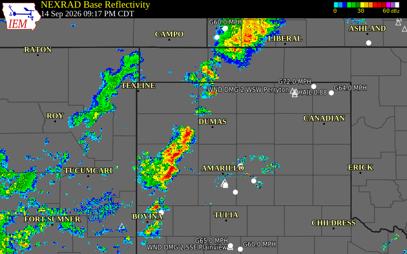 Current NEXRAD radar over Sherman County, Texas with recent storm report locations