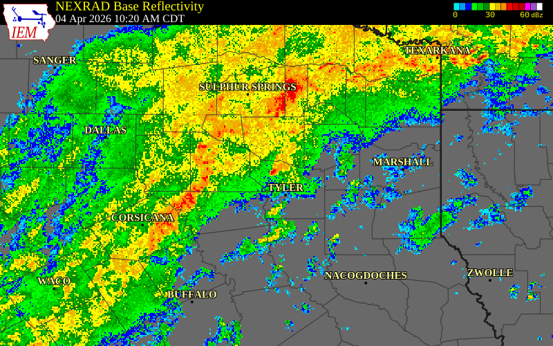 NEXRAD radar during the Saturday, April 4, 2026 storm activity in Smith County, Texas
