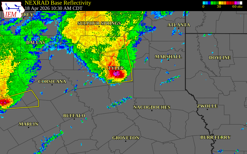 NEXRAD radar during the Saturday, April 18, 2026 storm activity in Smith County, Texas