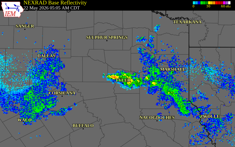 NEXRAD radar during the Friday, May 22, 2026 storm activity in Smith County, Texas