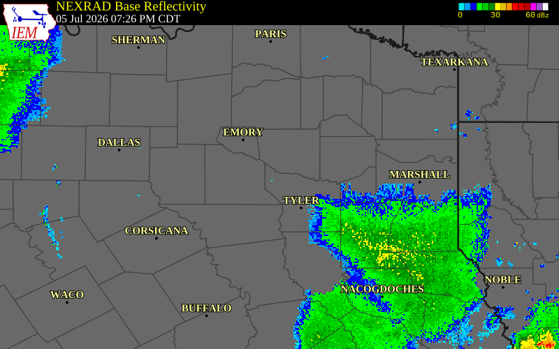 NEXRAD radar during the Sunday, July 5, 2026 storm activity in Smith County, Texas