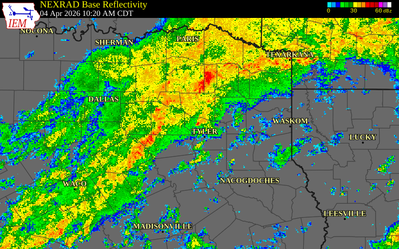 Radar snapshot during the Apr 4, 2026 tornado event near 1 ENE Lindale, Smith County, Texas, with NWS warning polygons
