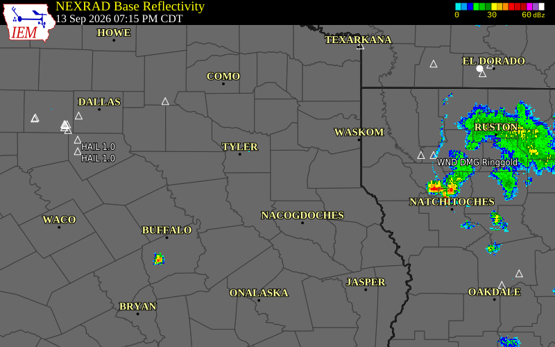 Current NEXRAD radar over Smith County, Texas with recent storm report locations