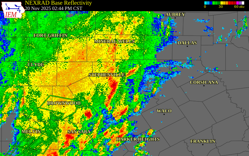 NEXRAD radar during the Thursday, November 20, 2025 storm activity in Somervell County, Texas
