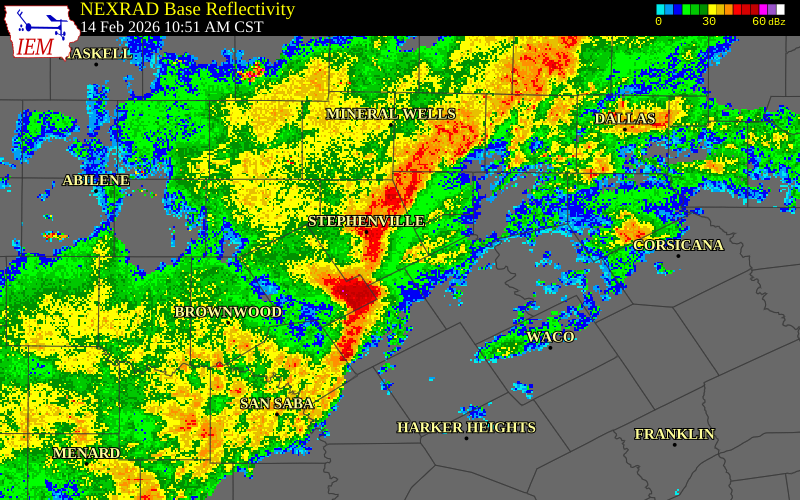 NEXRAD radar during the Saturday, February 14, 2026 storm activity in Somervell County, Texas