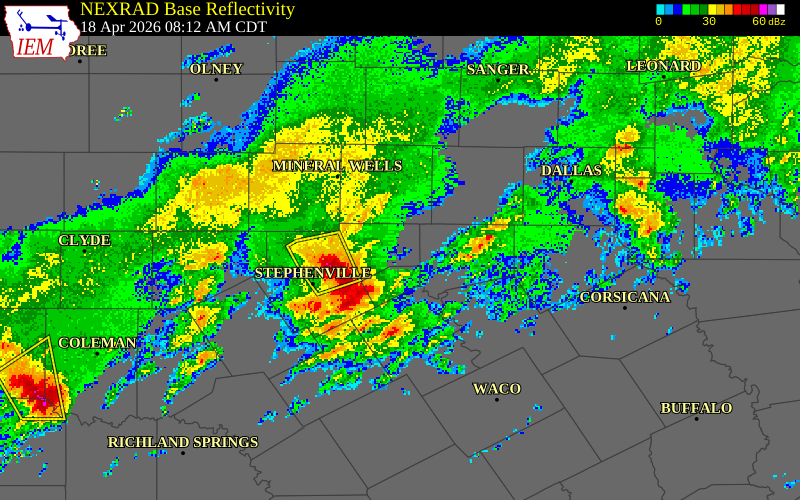 NEXRAD radar during the Saturday, April 18, 2026 storm activity in Somervell County, Texas