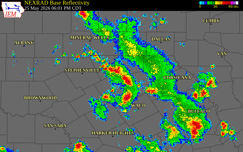 NEXRAD radar during the Monday, May 25, 2026 storm activity in Somervell County, Texas