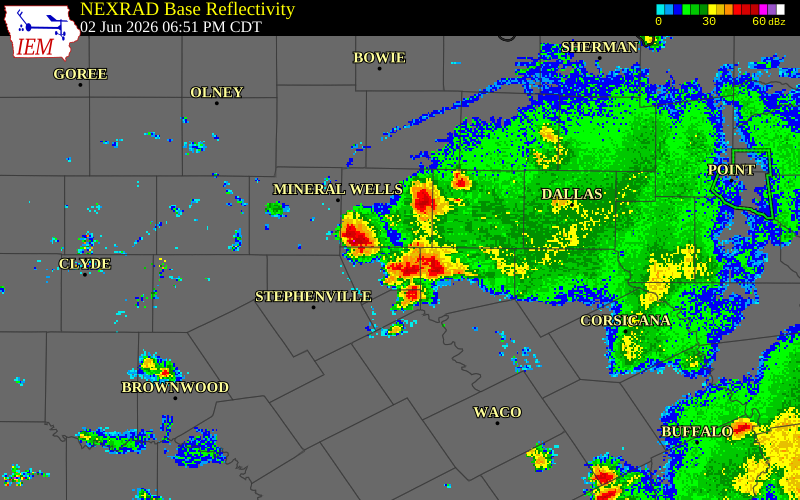 NEXRAD radar during the Tuesday, June 2, 2026 storm activity in Somervell County, Texas