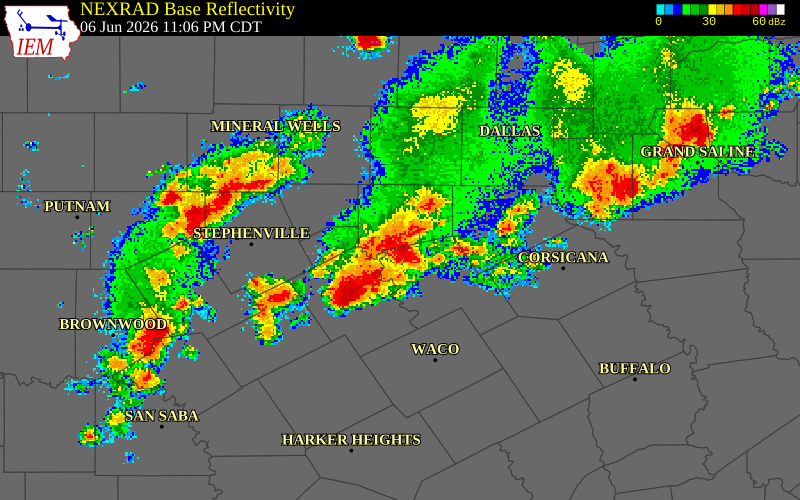 NEXRAD radar during the Saturday, June 6, 2026 storm activity in Somervell County, Texas