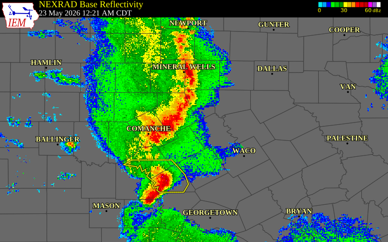 Radar snapshot during the May 23, 2026 hail event near Somervell County, Somervell County, Texas, with NWS warning polygons