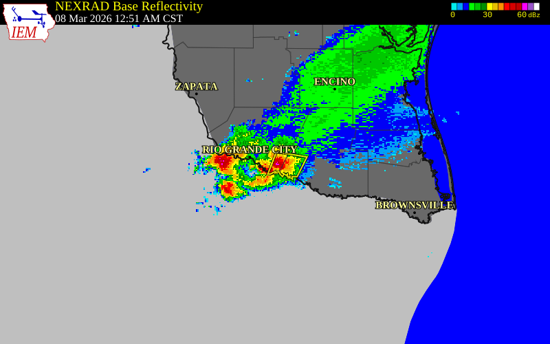 NEXRAD radar during the Sunday, March 8, 2026 storm activity in Starr County, Texas
