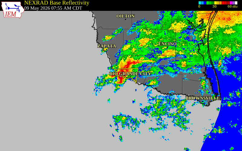 NEXRAD radar during the Saturday, May 9, 2026 storm activity in Starr County, Texas