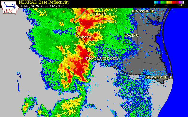 NEXRAD radar during the Thursday, May 21, 2026 storm activity in Starr County, Texas