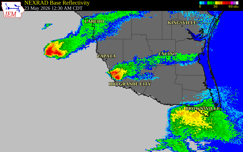 NEXRAD radar during the Saturday, May 23, 2026 storm activity in Starr County, Texas