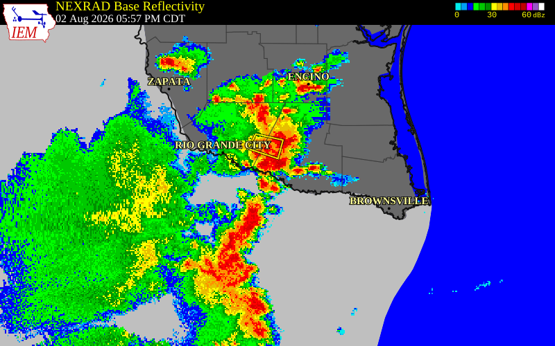 NEXRAD radar during the Sunday, August 2, 2026 storm activity in Starr County, Texas