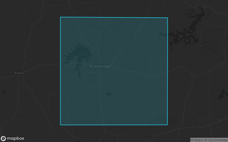 Map of Stephens County, Texas showing the county boundary and surrounding cities