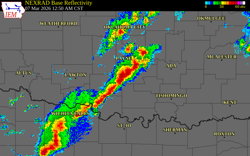 NEXRAD radar during the Saturday, March 7, 2026 storm activity in Stephens County, Texas