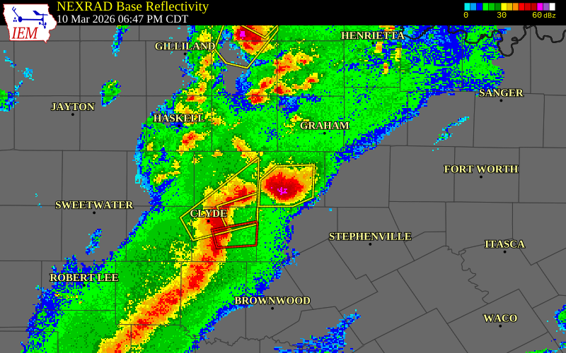 NEXRAD radar during the Tuesday, March 10, 2026 storm activity in Stephens County, Texas