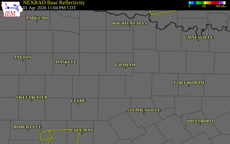 NEXRAD radar during the Wednesday, April 1, 2026 storm activity in Stephens County, Texas