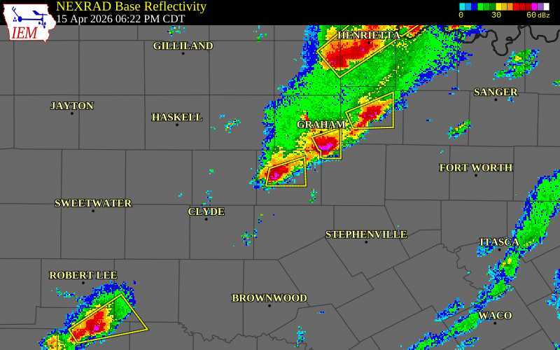 NEXRAD radar during the Wednesday, April 15, 2026 storm activity in Stephens County, Texas