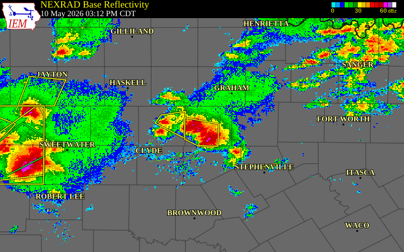 NEXRAD radar during the Sunday, May 10, 2026 storm activity in Stephens County, Texas