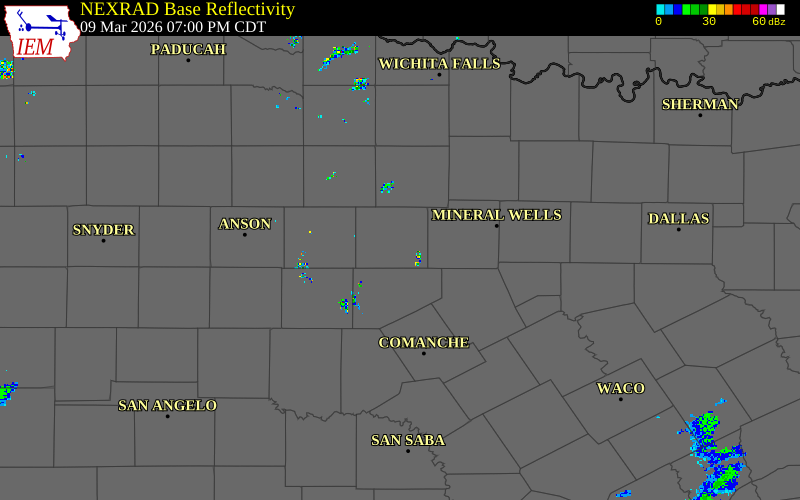 Radar snapshot during the Mar 9, 2026 hail event near 11 SE Breckenridge, Stephens County, Texas, with NWS warning polygons