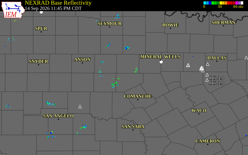 Current NEXRAD radar over Stephens County, Texas with recent storm report locations